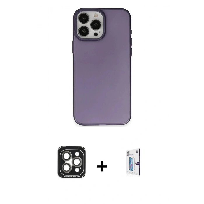 MARSİLYAN™- iPhone 15 Pro Max Kılıf Ahenk Çizgi Prime - Siyah Bilvis 0.18mm Plus Cam Ekran Koruyucu + PVD Metal Kamera Lens - GI