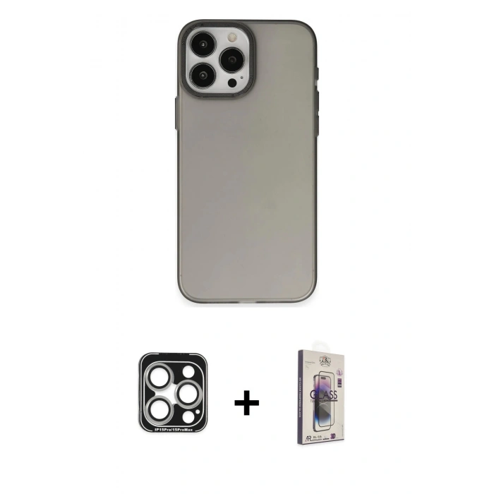 MARSİLYAN™- iPhone 15 Pro Max Kılıf Ahenk Çizgi Prime - Siyah Bilvis 3D Cam Ekran Koruyucu + PVD Metal Kamera Lens - GS