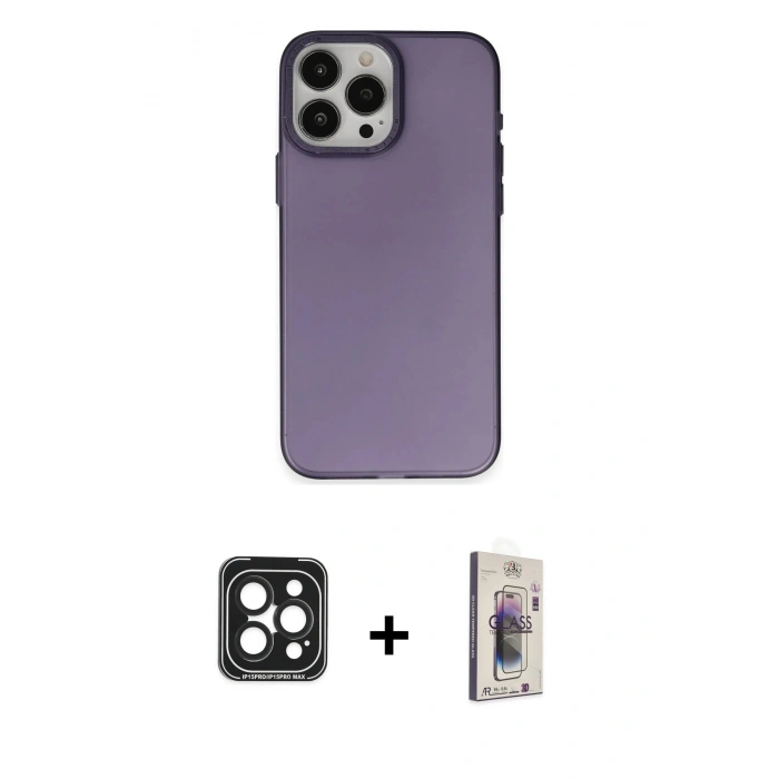 MARSİLYAN™- iPhone 15 Pro Max Kılıf Ahenk Çizgi Prime - Siyah Bilvis 3D Cam Ekran Koruyucu + PVD Metal Kamera Lens - SH