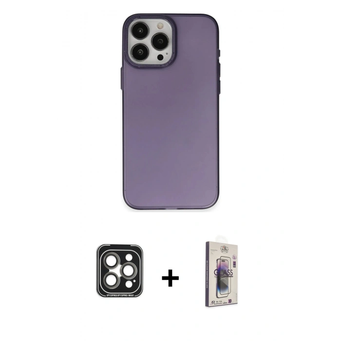 MARSİLYAN™- iPhone 15 Pro Max Kılıf Ahenk Çizgi Prime - Siyah Bilvis 3D Cam Ekran Koruyucu + PVD Metal Kamera Lens - GI