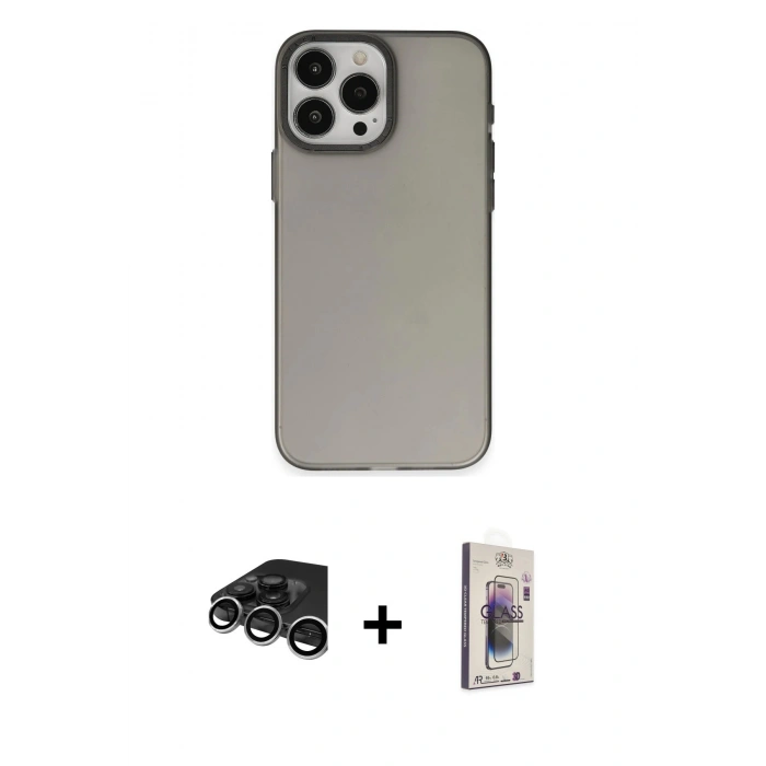 MARSİLYAN™- iPhone 15 Pro Max Kılıf Ahenk Çizgi Prime - Siyah Bilvis 3D Cam Ekran Koruyucu + Raze Metal Kamera Lens - GS