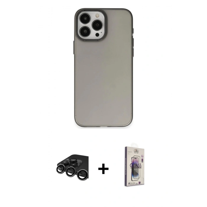 MARSİLYAN™- iPhone 15 Pro Max Kılıf Ahenk Çizgi Prime - Siyah Bilvis 3D Cam Ekran Koruyucu + Raze Metal Kamera Lens - TMGI