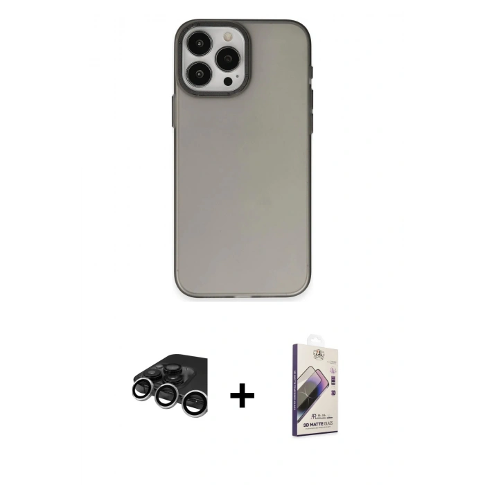 MARSİLYAN™- iPhone 15 Pro Max Kılıf Ahenk Çizgi Prime - Siyah Bilvis 3D Mat Cam Ekran Koruyucu + Raze Metal Kamera Lens - GS
