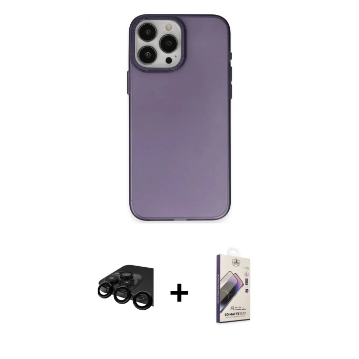 MARSİLYAN™- iPhone 15 Pro Max Kılıf Ahenk Çizgi Prime - Siyah Bilvis 3D Mat Cam Ekran Koruyucu + Raze Metal Kamera Lens - SH
