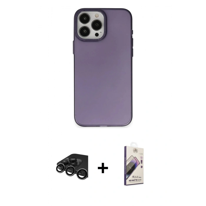 MARSİLYAN™- iPhone 15 Pro Max Kılıf Ahenk Çizgi Prime - Siyah Bilvis 3D Mat Cam Ekran Koruyucu + Raze Metal Kamera Lens - TMGI