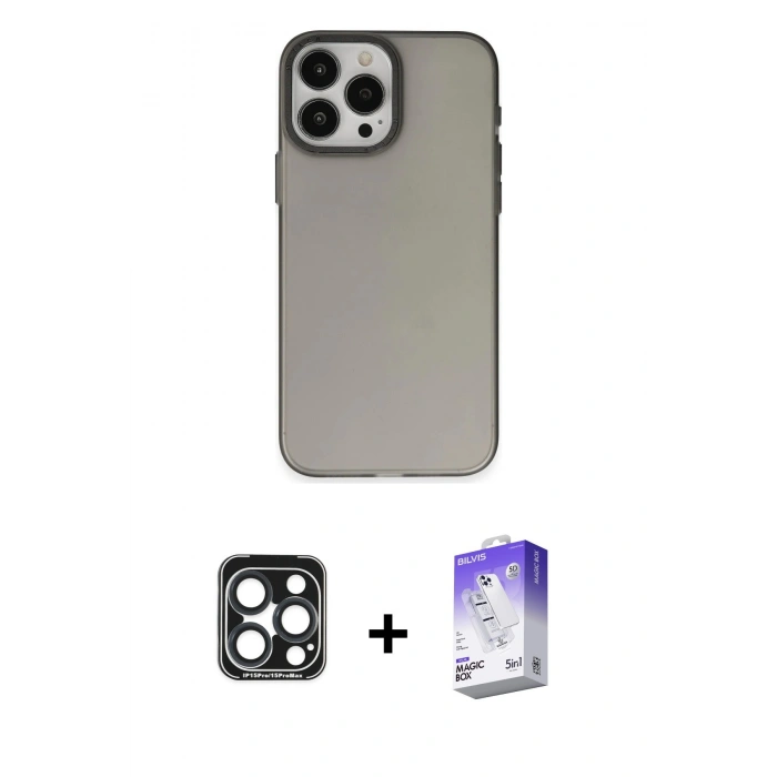 MARSİLYAN™- iPhone 15 Pro Max Kılıf Ahenk Çizgi Prime - Siyah Bilvis 5in1 3D Magic Cam Ekran Koruyucu + Lacivert PVD Metal Kamera Lens
