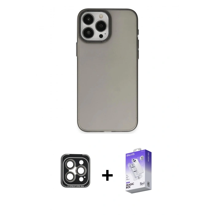 MARSİLYAN™- iPhone 15 Pro Max Kılıf Ahenk Çizgi Prime - Siyah Bilvis 5in1 3D Magic Cam Ekran Koruyucu + PVD Metal Kamera Lens - GI