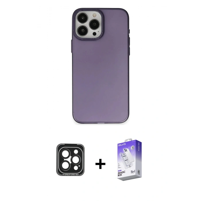 MARSİLYAN™- iPhone 15 Pro Max Kılıf Ahenk Çizgi Prime - Siyah Bilvis 5in1 3D Magic Cam Ekran Koruyucu + PVD Metal Kamera Lens - SH