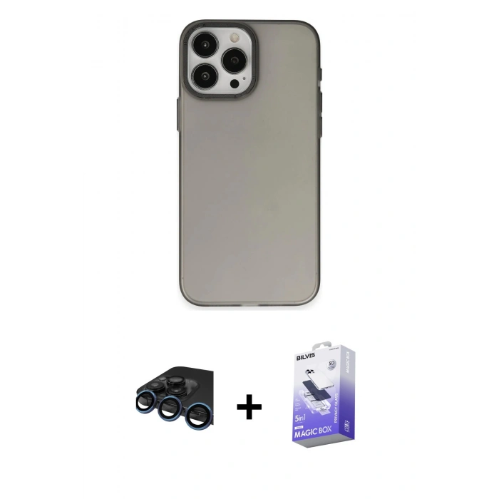 MARSİLYAN™- iPhone 15 Pro Max Kılıf Ahenk Çizgi Prime - Siyah Bilvis 5in1 5D Magic Hayalet Cam Ekran Koruyucu + Raze Metal Kamera Lens - LT