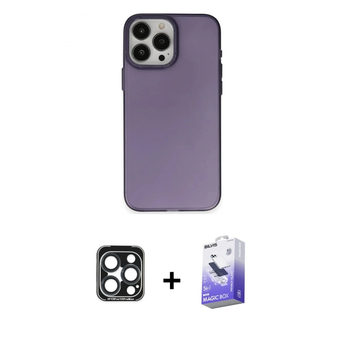 MARSİLYAN™- iPhone 15 Pro Max Kılıf Ahenk Çizgi Prime - Siyah Bilvis 5in1 5D Magic Hayalet Cam Ekran Koruyucu + PVD Metal Kamera Lens - LT