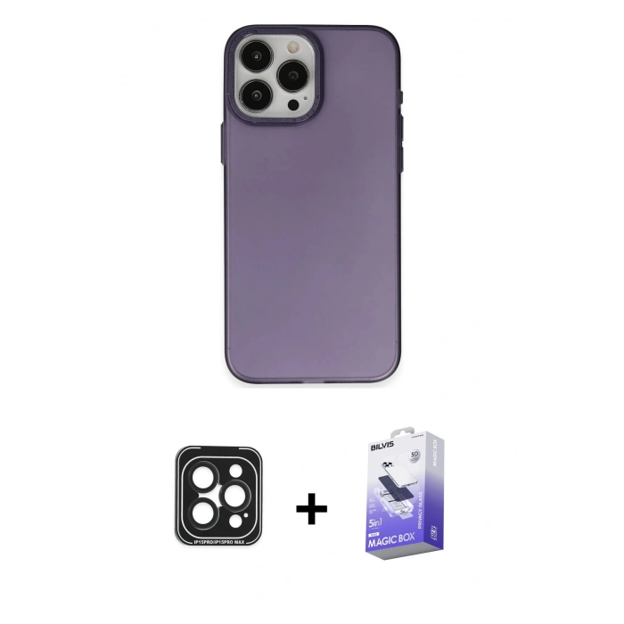 MARSİLYAN™- iPhone 15 Pro Max Kılıf Ahenk Çizgi Prime - Siyah Bilvis 5in1 5D Magic Hayalet Cam Ekran Koruyucu + PVD Metal Kamera Lens - SH