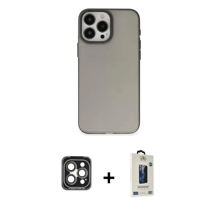 MARSİLYAN™- iPhone 15 Pro Max Kılıf Ahenk Çizgi Prime - Siyah Bilvis Hayalet Cam Ekran Koruyucu + PVD Metal Kamera Lens - GI