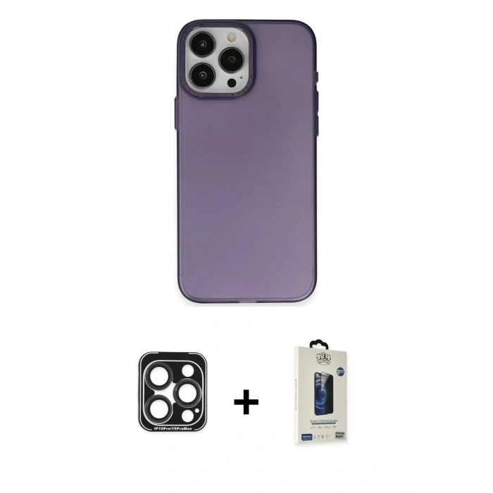 MARSİLYAN™- iPhone 15 Pro Max Kılıf Ahenk Çizgi Prime - Siyah Bilvis Hayalet Cam Ekran Koruyucu + PVD Metal Kamera Lens - LT