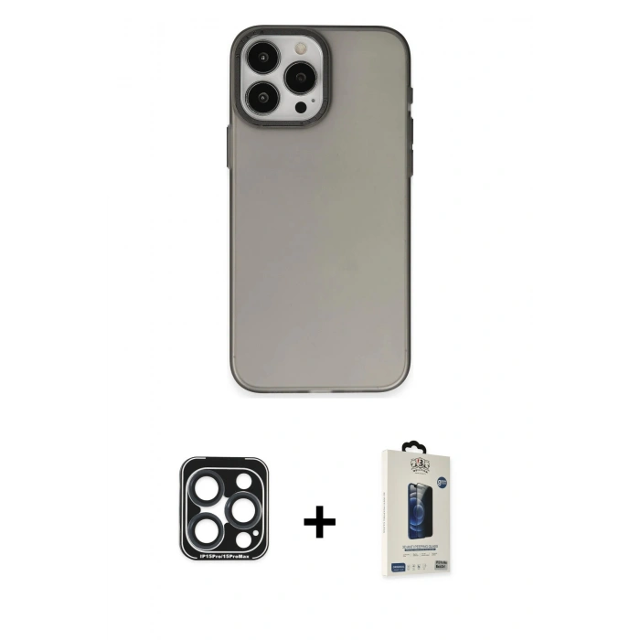 MARSİLYAN™- iPhone 15 Pro Max Kılıf Ahenk Çizgi Prime - Siyah Bilvis Hayalet Cam Ekran Koruyucu + PVD Metal Kamera Lens - LT