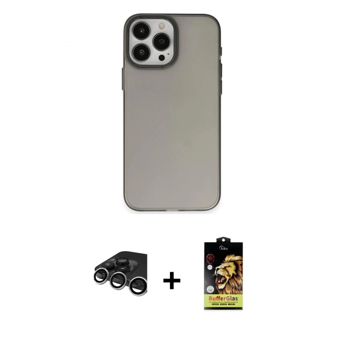 MARSİLYAN™- iPhone 15 Pro Max Kılıf Ahenk Çizgi Prime - Siyah Buffer Cam Ekran Koruyucu + Gümüş Raze Metal Kamera Lens