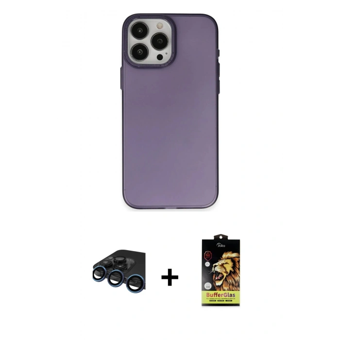 MARSİLYAN™- iPhone 15 Pro Max Kılıf Ahenk Çizgi Prime - Siyah Buffer Cam Ekran Koruyucu + Lacivert Raze Metal Kamera Lens