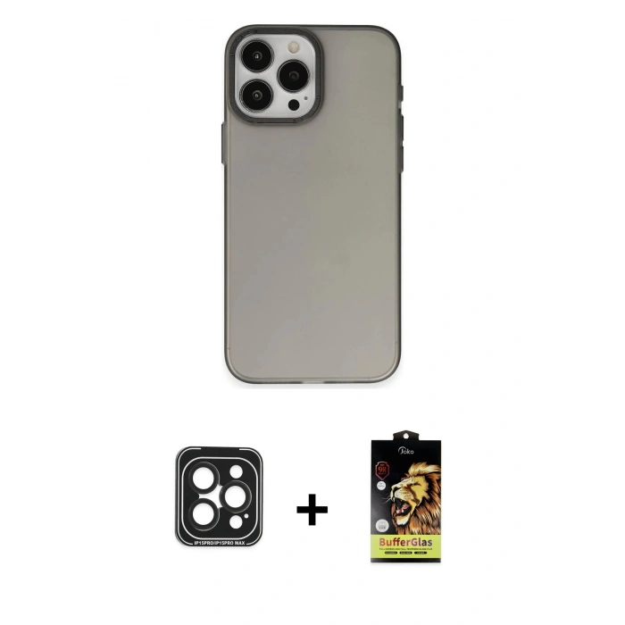 MARSİLYAN™- iPhone 15 Pro Max Kılıf Ahenk Çizgi Prime - Siyah Buffer Cam Ekran Koruyucu + PVD Metal Kamera Lens - SH