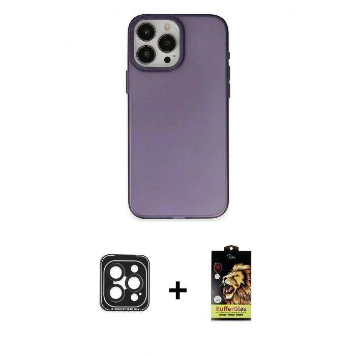 MARSİLYAN™- iPhone 15 Pro Max Kılıf Ahenk Çizgi Prime - Siyah Buffer Cam Ekran Koruyucu + PVD Metal Kamera Lens - SH