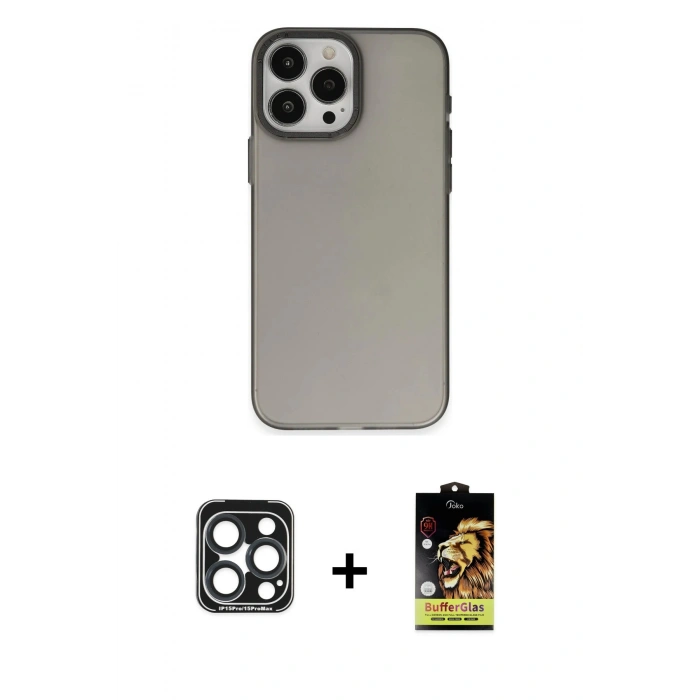 MARSİLYAN™- iPhone 15 Pro Max Kılıf Ahenk Çizgi Prime - Siyah Buffer Cam Ekran Koruyucu + PVD Metal Kamera Lens - LT