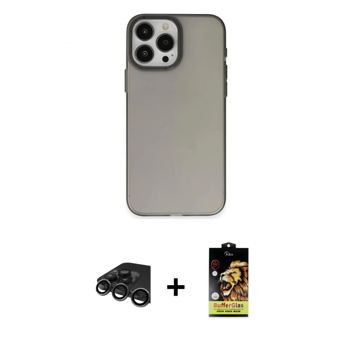 MARSİLYAN™- iPhone 15 Pro Max Kılıf Ahenk Çizgi Prime - Siyah Buffer Cam Ekran Koruyucu + Titanyum Gri Raze Metal Kamera Lens