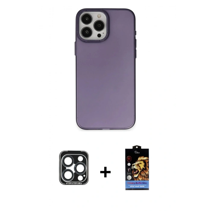 MARSİLYAN™- iPhone 15 Pro Max Kılıf Ahenk Çizgi Prime - Siyah Buffer Hayalet Cam Ekran Koruyucu + PVD Metal Kamera Lens - LT