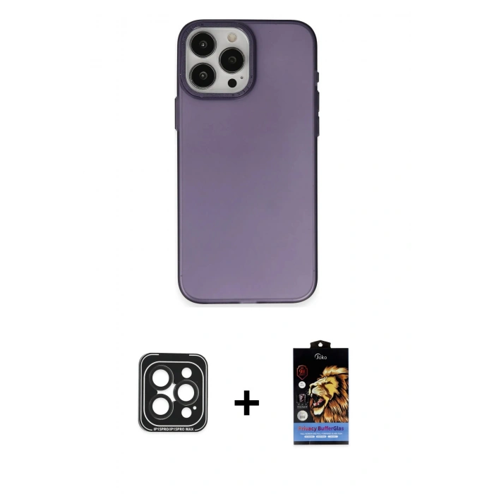 MARSİLYAN™- iPhone 15 Pro Max Kılıf Ahenk Çizgi Prime - Siyah Buffer Hayalet Cam Ekran Koruyucu + PVD Metal Kamera Lens - SH