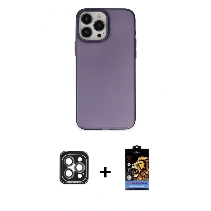 MARSİLYAN™- iPhone 15 Pro Max Kılıf Ahenk Çizgi Prime - Siyah Buffer Hayalet Cam Ekran Koruyucu + PVD Metal Kamera Lens - GI