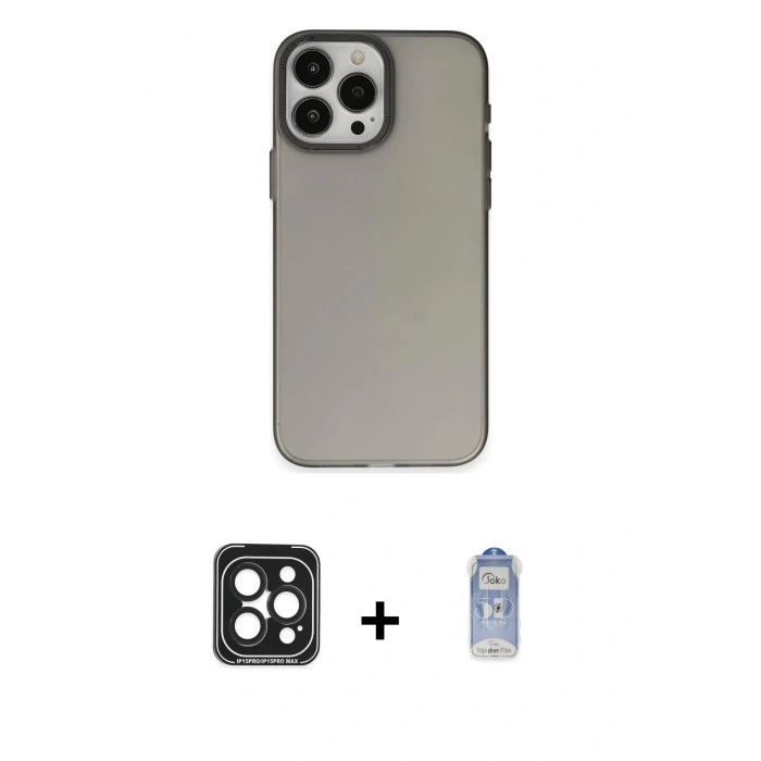 MARSİLYAN™- iPhone 15 Pro Max Kılıf Ahenk Çizgi Prime - Siyah Joko Magic 5D Cam + PVD Metal Kamera Lens - SH