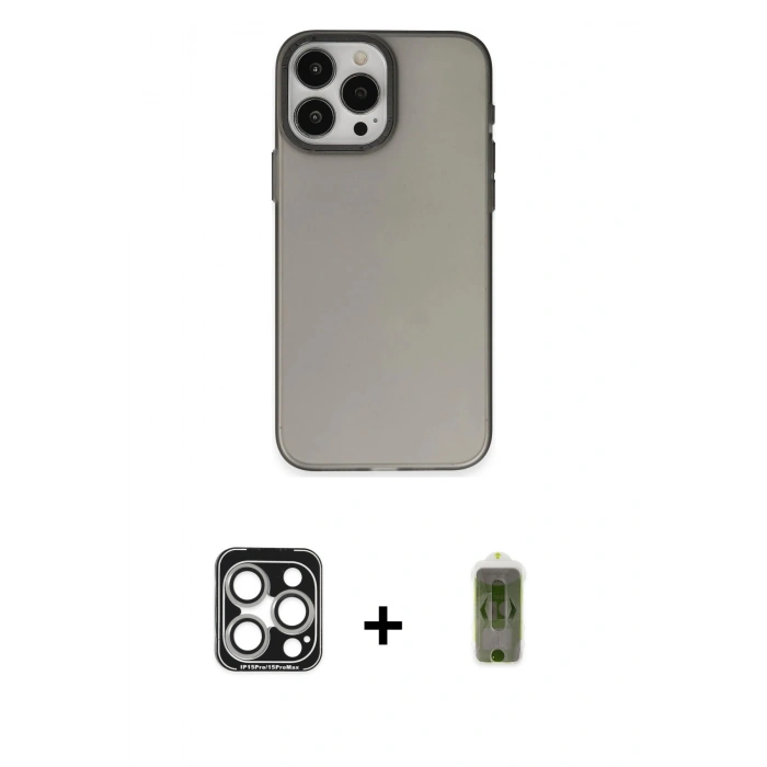 MARSİLYAN™- iPhone 15 Pro Max Kılıf Ahenk Çizgi Prime - Siyah Joko Magic 5D Hayalet Cam + PVD Metal Kamera Lens - GS