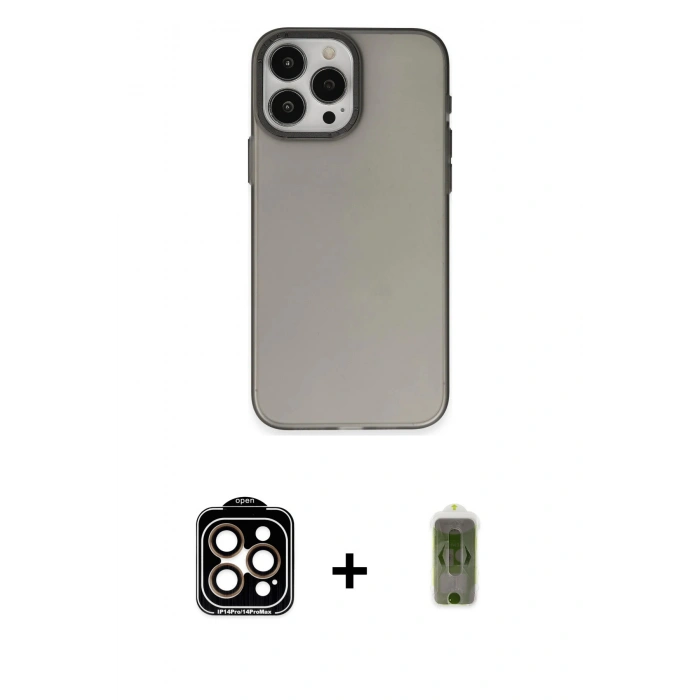 MARSİLYAN™- iPhone 15 Pro Max Kılıf Ahenk Çizgi Prime - Siyah Joko Magic 5D Hayalet Cam + PVD Metal Kamera Lens - TU