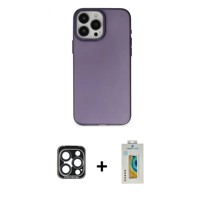 MARSİLYAN™- iPhone 15 Pro Max Kılıf Ahenk Çizgi Prime - Siyah Polymer Nano Ekran Koruyucu + PVD Metal Kamera Lens - LT