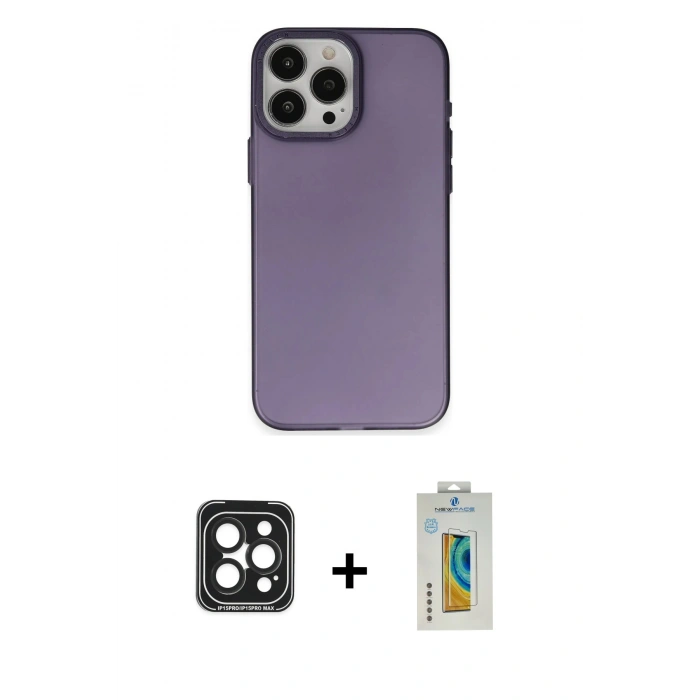 MARSİLYAN™- iPhone 15 Pro Max Kılıf Ahenk Çizgi Prime - Siyah Polymer Nano Ekran Koruyucu + PVD Metal Kamera Lens - SH