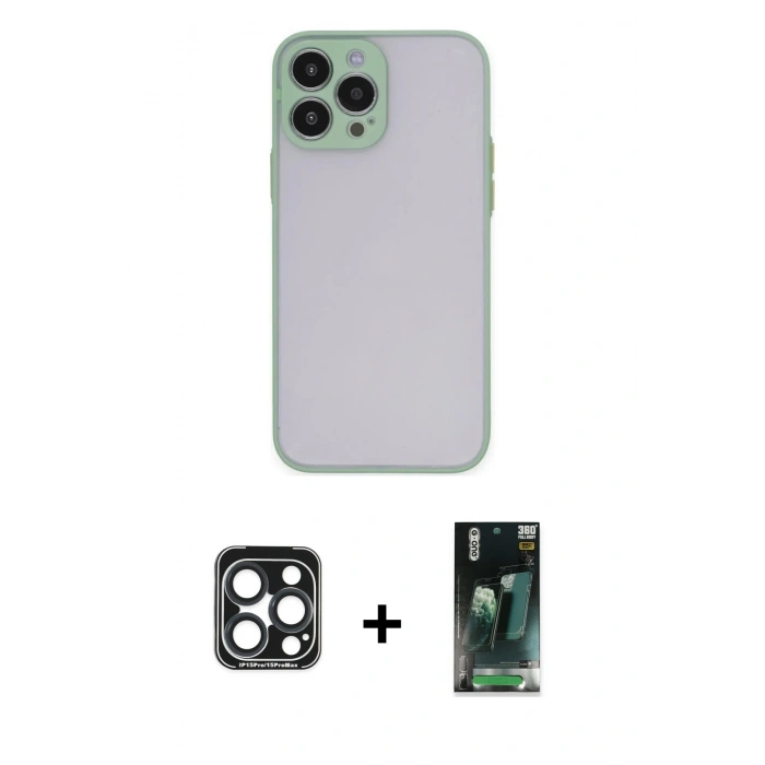 MARSİLYAN™- iPhone 15 Pro Max Kılıf Ahenk Çizgi Serisi - Şeffaf 360 Full Body Arka Koruyucu + PVD Metal Kamera Lens - LT