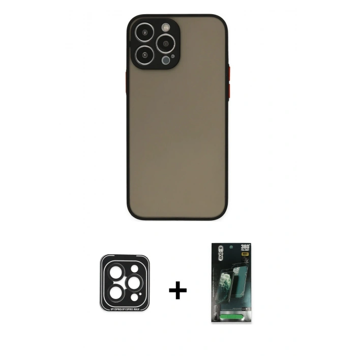 MARSİLYAN™- iPhone 15 Pro Max Kılıf Ahenk Çizgi Serisi - Şeffaf 360 Full Body Arka Koruyucu + PVD Metal Kamera Lens - SH