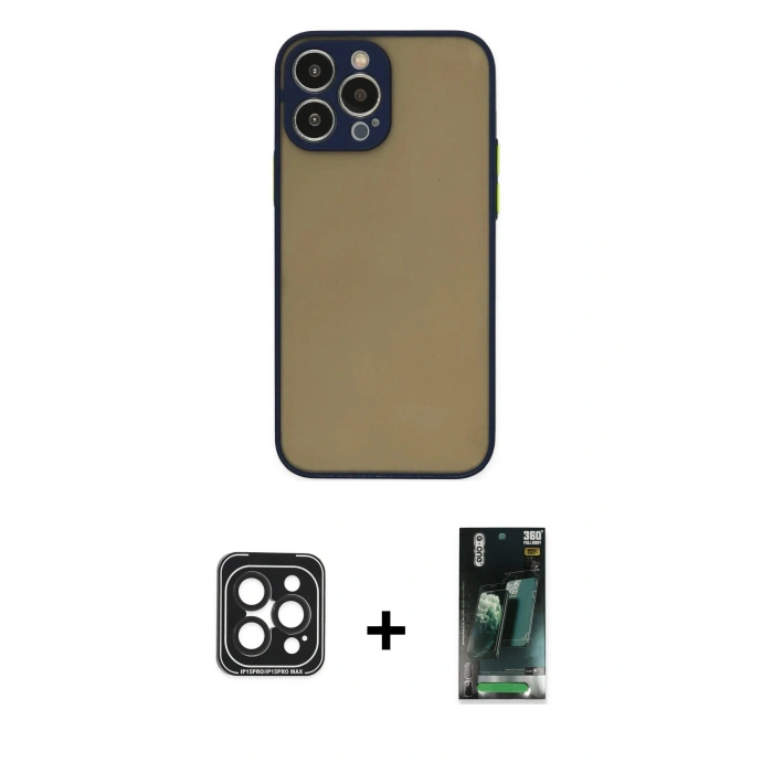 MARSİLYAN™- iPhone 15 Pro Max Kılıf Ahenk Çizgi Serisi - Şeffaf 360 Full Body Arka Koruyucu + PVD Metal Kamera Lens - SH