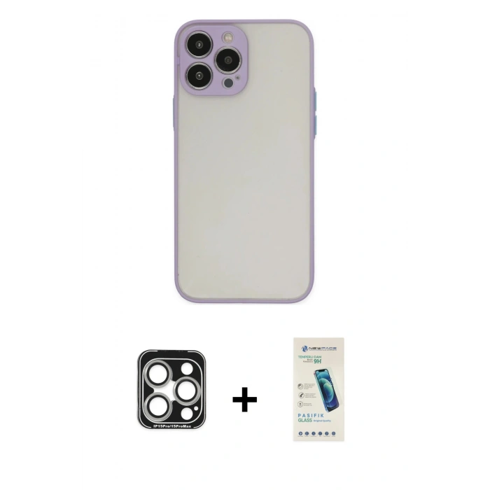 MARSİLYAN™- iPhone 15 Pro Max Kılıf Ahenk Çizgi Serisi - Şeffaf Pasifik Cam Ekran Koruyucu + PVD Metal Kamera Lens - GS
