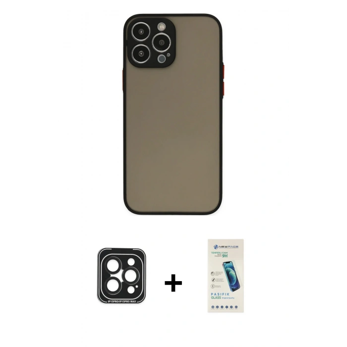 MARSİLYAN™- iPhone 15 Pro Max Kılıf Ahenk Çizgi Serisi - Şeffaf Pasifik Cam Ekran Koruyucu + PVD Metal Kamera Lens - SH