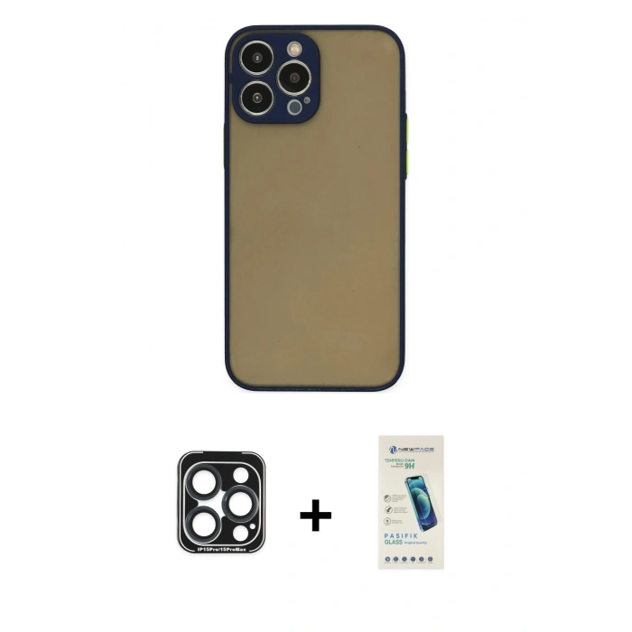 MARSİLYAN™- iPhone 15 Pro Max Kılıf Ahenk Çizgi Serisi - Şeffaf Pasifik Cam Ekran Koruyucu + PVD Metal Kamera Lens - LT