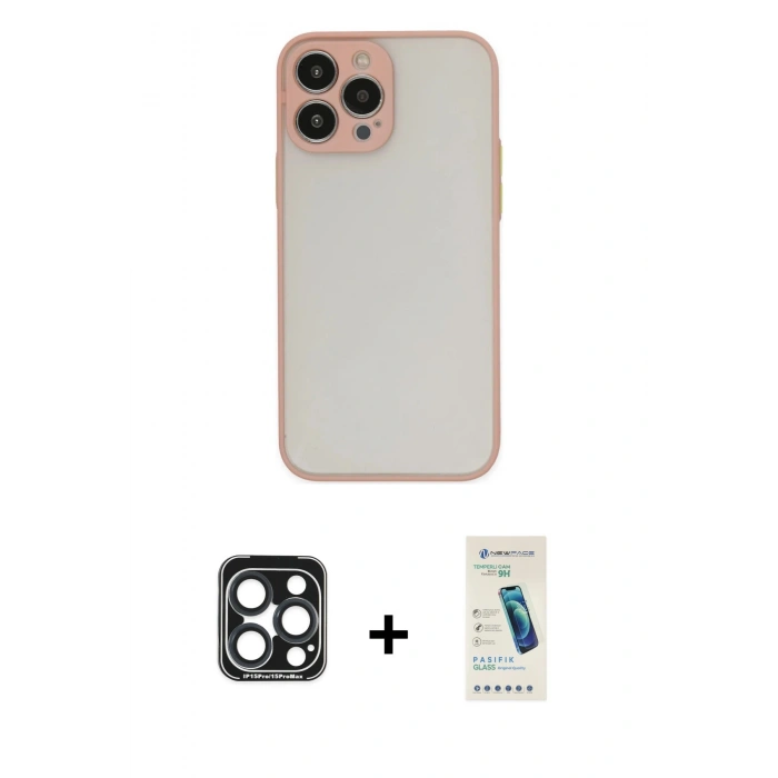MARSİLYAN™- iPhone 15 Pro Max Kılıf Ahenk Çizgi Serisi - Şeffaf Pasifik Cam Ekran Koruyucu + PVD Metal Kamera Lens - LT