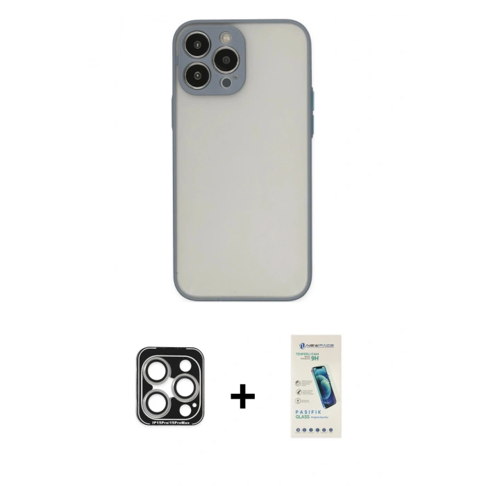 MARSİLYAN™- iPhone 15 Pro Max Kılıf Ahenk Çizgi Serisi - Şeffaf Pasifik Cam Ekran Koruyucu + PVD Metal Kamera Lens - GS