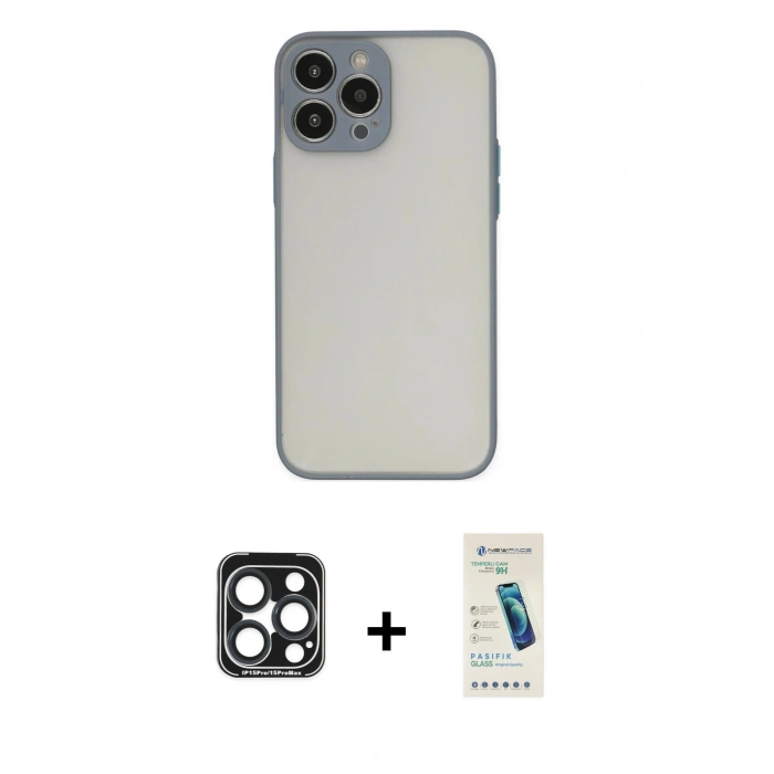 MARSİLYAN™- iPhone 15 Pro Max Kılıf Ahenk Çizgi Serisi - Şeffaf Pasifik Cam Ekran Koruyucu + PVD Metal Kamera Lens - LT