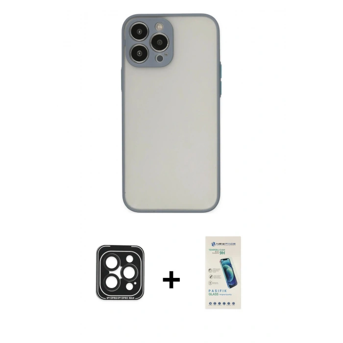 MARSİLYAN™- iPhone 15 Pro Max Kılıf Ahenk Çizgi Serisi - Şeffaf Pasifik Cam Ekran Koruyucu + PVD Metal Kamera Lens - SH