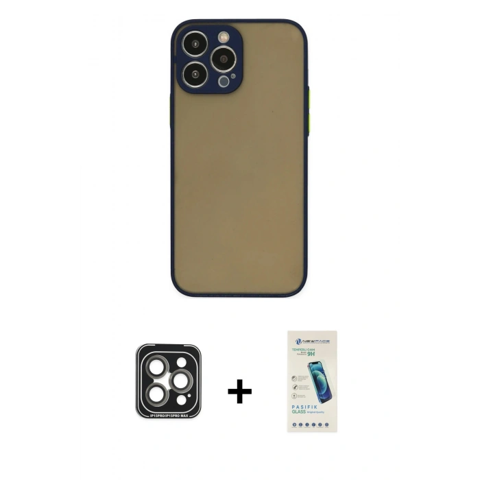 MARSİLYAN™- iPhone 15 Pro Max Kılıf Ahenk Çizgi Serisi - Şeffaf Pasifik Cam Ekran Koruyucu + PVD Metal Kamera Lens - GI
