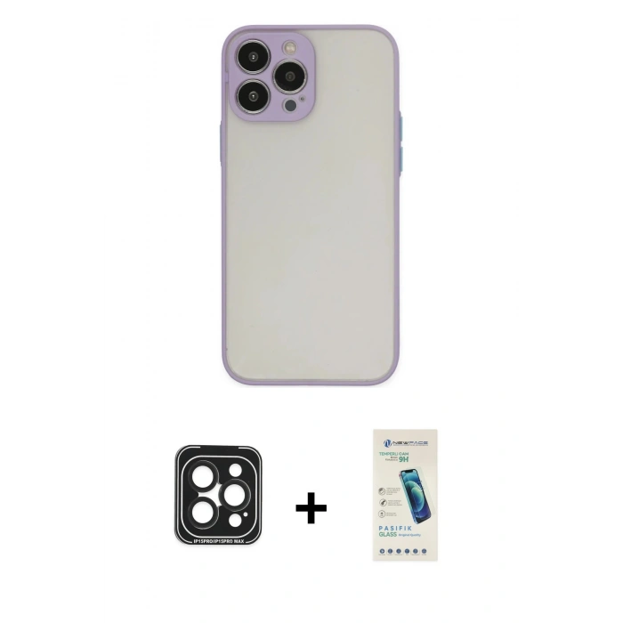 MARSİLYAN™- iPhone 15 Pro Max Kılıf Ahenk Çizgi Serisi - Şeffaf Pasifik Cam Ekran Koruyucu + PVD Metal Kamera Lens - SH