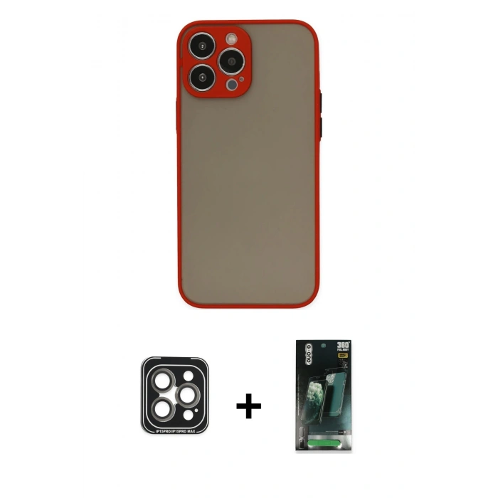 MARSİLYAN™- iPhone 15 Pro Max Kılıf Ahenk Çizgi Serisi - Siyah 360 Mat Full Body Arka Koruyucu + PVD Metal Kamera Lens - GI