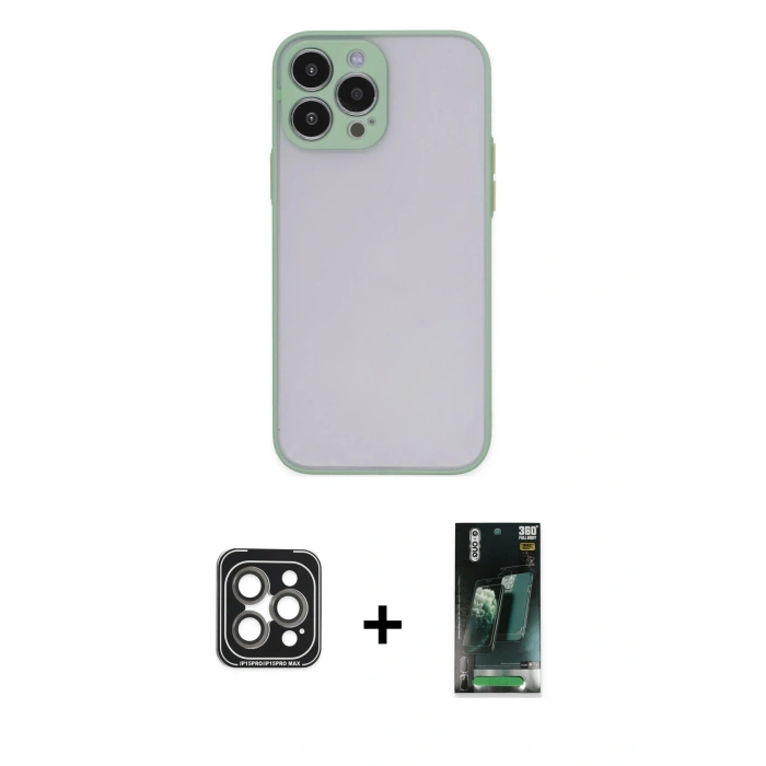 MARSİLYAN™- iPhone 15 Pro Max Kılıf Ahenk Çizgi Serisi - Siyah 360 Mat Full Body Arka Koruyucu + PVD Metal Kamera Lens - GI