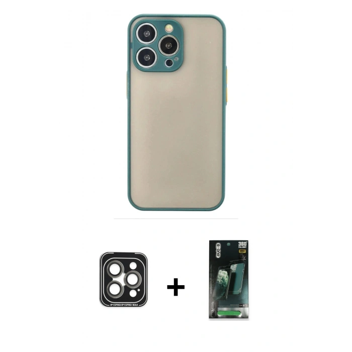MARSİLYAN™- iPhone 15 Pro Max Kılıf Ahenk Çizgi Serisi - Siyah 360 Mat Full Body Arka Koruyucu + PVD Metal Kamera Lens - GI
