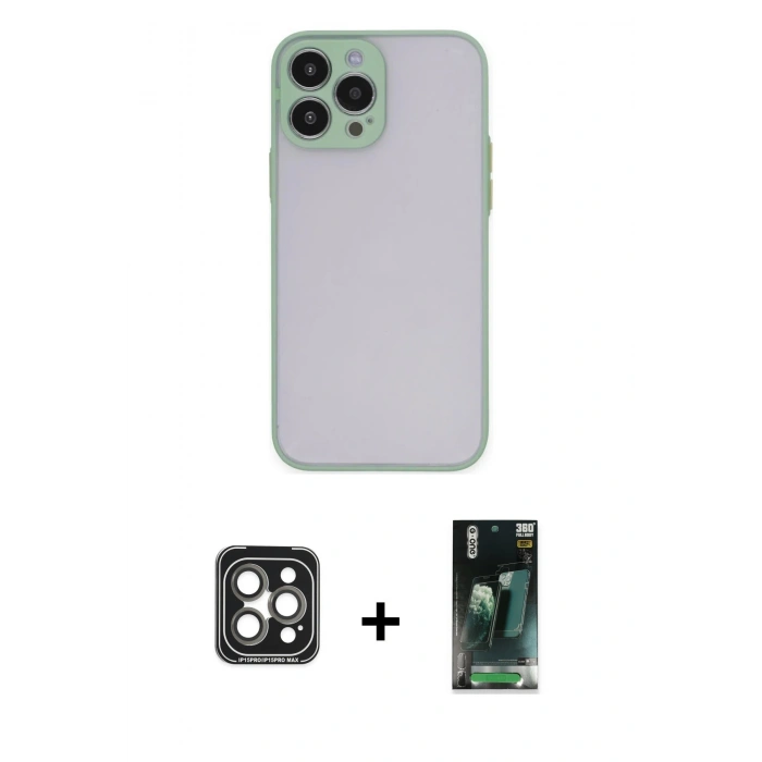 MARSİLYAN™- iPhone 15 Pro Max Kılıf Ahenk Çizgi Serisi - Siyah 360 Mat Full Body Arka Koruyucu + PVD Metal Kamera Lens - GI