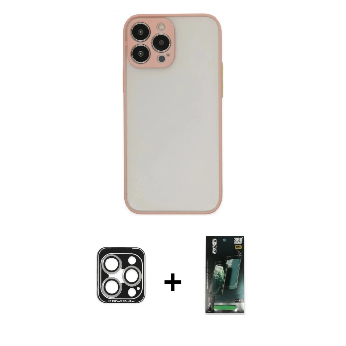 MARSİLYAN™- iPhone 15 Pro Max Kılıf Ahenk Çizgi Serisi - Siyah 360 Mat Full Body Arka Koruyucu + PVD Metal Kamera Lens - GS