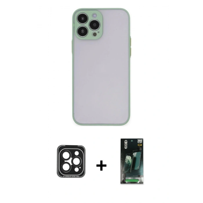MARSİLYAN™- iPhone 15 Pro Max Kılıf Ahenk Çizgi Serisi - Siyah 360 Mat Full Body Arka Koruyucu + PVD Metal Kamera Lens - SH